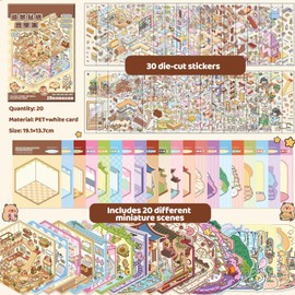 HTTDSLF 3D House Stickers, Miniature House Sticker 3D Sticker Scene, House Sticker Scene, with 2 Tweezers, House Sticker Make Your Own, Relief Stress for Adults and Children