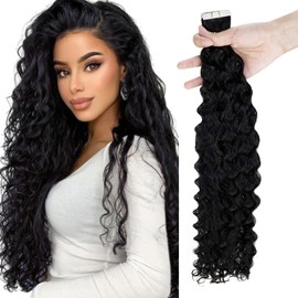 RUNATURE Tape Extensions Real Hair Natural Black Curls Natural Wave 55 cm Real Hair Tape in Hair Extensions Real Hair Curly Tape in Remy Real Hair Extensions 50 g 20 Pieces #1B