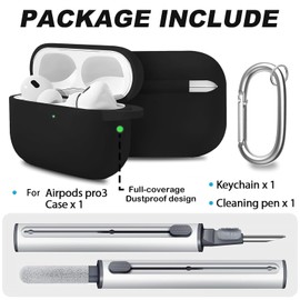 Woyinger for AirPods Pro 3 Case with Cleaner Kit, Soft Silicone Cover for AirPods Pro 3rd Generation Comes with Keychain Pendant for Women Men,Suitable for 3rd Generation Case,Black Dinosaur