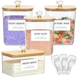 4 Pack Clear Laundry Pods Container & Dryer Sheet Holder Set with Lid, Laundry Containers with Scoops & Labels, Laundry Room Organization and Storage for Laundry Detergent, Pods, Powder, Beads