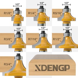 XDENGP 7 Pc Roundover Router Bit Set - 1/2 Shank, Round Over Bits for Edging, Forming, Rounding Woodworking - Radius: 1/8", 1/4", 5/16", 3/8", 7/16", 1/2", 3/4"
