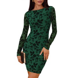 PRETTYGARDEN Women’s 2025 Fall Bodycon Mini Dresses Long Sleeve Mesh Slim Floral Wedding Guest Cocktail Party Short Dress(Dark Green,Medium)
