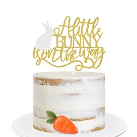 A Little Bunny is On the Way - Decoración para tartas de Pascua, baby shower de conejo, decoración de fiesta de conejo, purpurina dorada de doble cara