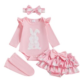 BeQeuewll Newborn Baby Girl Easter Outfit Bunny Clothes Long Sleeve Romper+Bloomers Tutu Skirt+Socks+Headband 4Pcs (1st Easter, 0-3 Months)