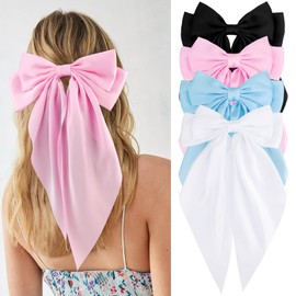 VELSCRUN VELSCRUN Women & Girls 4-Piece Silky & Satin Hair Bows - Black, White, Pink, Blue - Large Coquette & Oversized Hair Barrettes & Accessories