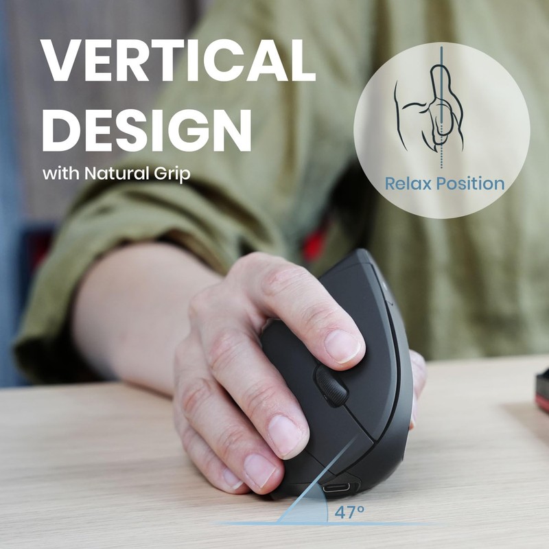 Perixx PERIMICE-713R Wireless Rechargeable Vertical Mouse - Duo Wired and