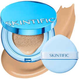 SKINTIFIC Base Cushion Velvet Matte, Polvo Ultra Cover Azul, Control de Grasa por 12 Horas, Ligera, de Larga Duración, Resistente al Agua, Maquillaje Coreano en Cushion, 04 Beige