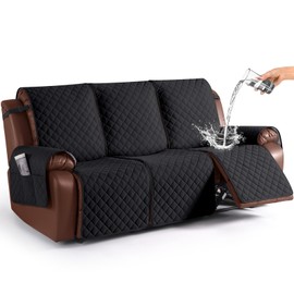 KinCam Recliner Sofa Covers for 3 Seat, 100% Waterproof Reclining Couch Covers, Non-Slip Recliner Couch Cover Furniture Protector with Elastic Straps for Pets, Kids, Black