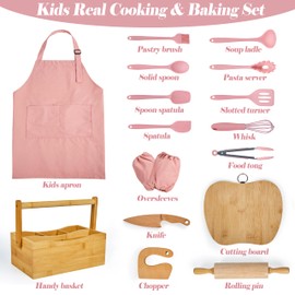 Pulcher Kids Cooking & Baking Sets Real Little Chef Cooking Utensils Kitchen Set Gifts for Girls Boys Juniors with Utensils Cutting Board Kids Safe Knife Rolling Pin Apron Carrying Basket (Coral Pink)