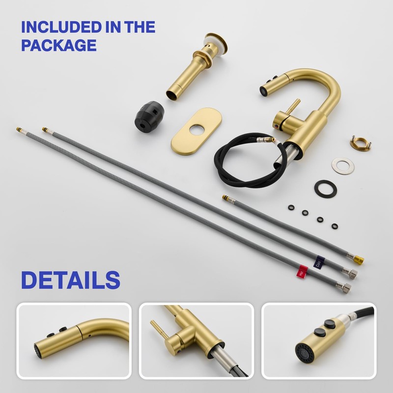 Kablle Bathroom Sink Faucet with Pull Down Sprayer, Brushed Gold