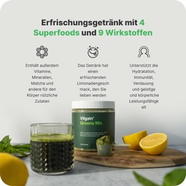Vilgain Greens Mix | Superfood 13 Wirkstoffen, Toxin Detox, Immunitätsunterstützung & Verdauungsunterstützung | Energie und Entgiftung | Matcha, Co Q10 | Reich an Elektrolyten, Adaptogenen | 300g