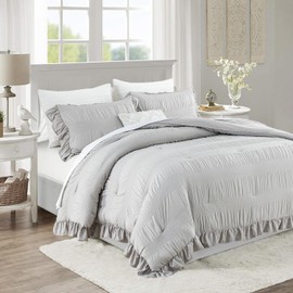 ALEISSEL Grey Comforter Queen Size Seersucker Design with Ruffled Edges, Ultra-Soft Grey Bedding Set Queen Size 3 Piece Set, Down Alternative Light-Weight Comforter Set(Grey,90"x90")