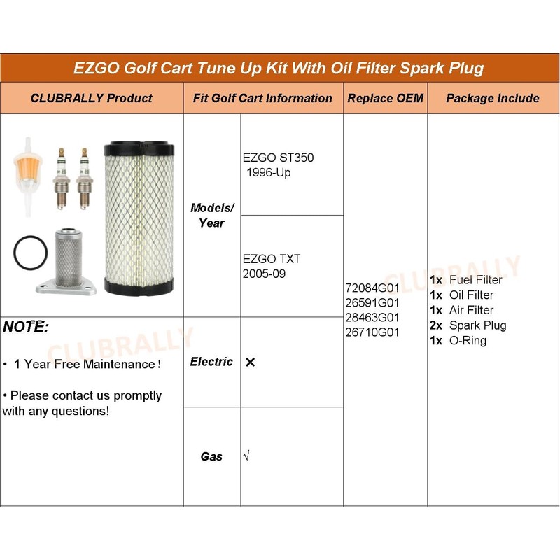 CLUBRALLY Golf Cart Tune Up Kit with Oil Filter Spark