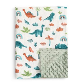 david's kids Muslin Minky Baby Blanket for Boys Girls with Muslin Cotton Front and Dotted Fleece Backing, Breathable and Soft Lightweight Receiving Blanket for Newborns, 40x50 Inches, Dinosaur