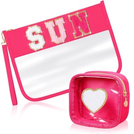 SUILU 2 Pcs Sun Gifts Cosmetic Makeup Bag with Chenille Letter Patch,with Handles PVC Waterproof Clear Makeup Bag,Portable Toiletry Storage Bag