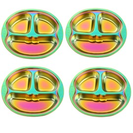 QIBOORUN 304 Stainless Steel Divided Plate with Lid, Set of 4 Mess Food Trays 3 Section Dinner Plate,Camping Dishes,Lunch and Dinner or Every Day Use -Rainbow Color