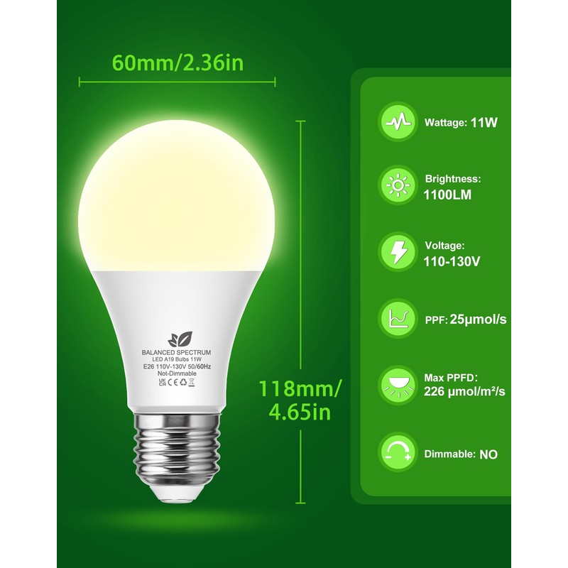 Flaspar Grow Light Bulbs A19 LED, Full Spectrum Plant Light