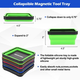 GINWORD 4Pcs Foldable Magnetic Partsn Trays Set with 3LBS Magnetic Pick-up Tool, 4.5" Square Silicone Magnetic Tool for Organizing Screws, Bolts, Nuts, Washers, Pins, and Other Small Metal Parts