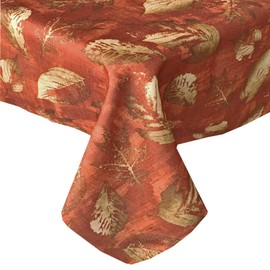Newbridge Metallic Foliage Contemporary Autumn and Thanksgiving Fabric Tablecloth, Golden Metallic Leaf Print, Soil Resistant, No Iron Easy Care Tablecloth, 52 Inch x 52 Square, Spice