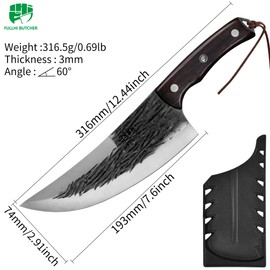 FULLHI Multi-color Handle 7.59" Kitchen Knife with Guard, for Meat Cutting, High Carbon Steel Forged Butcher Knife Full Tang Chef Knife for Outdoor Cooking, Camping BBQ (Brown)