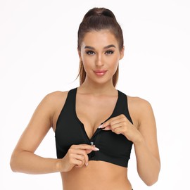 Women's Zip Front Sports Bra Wireless Post-Surgery Bra Padded Surgical Bra Front Close Bralette Racerback Yoga Sports Bras 3 Pack Zipper Closure Workout Bra(XX-Large, 3 Pack Black)