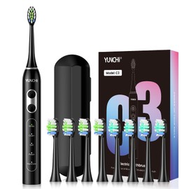 YUNCHI Electric Toothbrush for Adults and Kids, Rechargeable Sonic Electric Tooth Brush with 8 Brush Heads, 90 Days, 5 Models & 2 Minutes Smart Timer, Travel Case, 44000 VPM Motor, Black