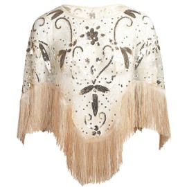 EORUBE 1920s Shawl Wraps Sequin Beaded Evening Cape for Gatsby Party Bridal Shawl Women Evening Cape Flapper Cover Up (Beige Gold)