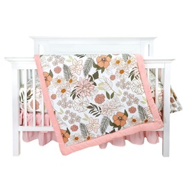 HNHUAMING Flower 4-Piece Crib Bedding Set, Baby Girl Bedding Crib Set, Daisy Crib Skirt, Baby Quilt, Crib Sheet and Diaper Stacker
