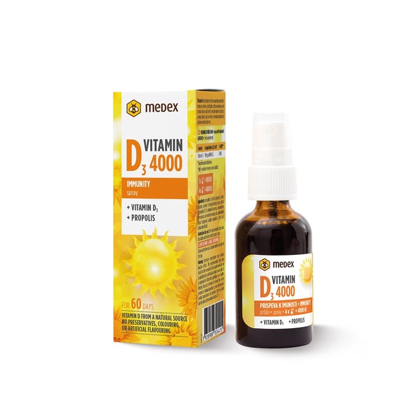 Medex Vitamin D3 4000 IU Mundspray, 4 Sprühstöße alle 4 Tage, mit Bienenpropolis, natürlicher Zitronengeschmack, wasserlöslich, kein Öl, 60 Tage Anwendung, 30 ml