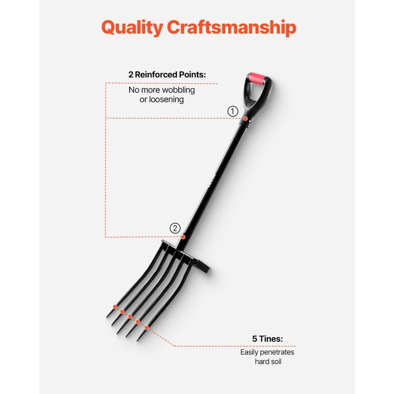 VEVOR Garden Fork, 5-Tine Gardening Pitchfork with Metal Handle, 41