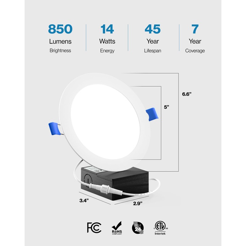 Sunco 6 Pack Recessed Lighting 6 Inch LED, Canless Ceiling