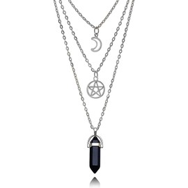 lafomukea Moon Pentagram Necklace, Hexagonal Chakra Necklace, Multilayer Necklace Healing Crystal, Hollowed Out Moon (Silver)