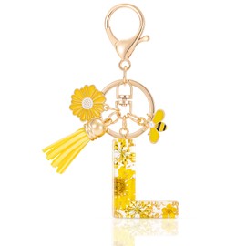 MWOOT Letter Keychain Initial Keyring Letter, Alphabet Resin Flower Key Chain with Daisy Bee Tassel Pendant Handbag Purse Charm, Yellow Petal Keyring for Women, Yellow-L
