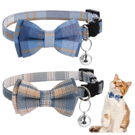 2Pcs Cat Collar Breakaway Bowtie with Bells, Blue and White Plaid Cat Collar with Bells, Adjustbale Kitten Puppy Solid Plaid Color Set, Removable Bow Tie Collar, Cute Plaid Kitten Collar Bowtie