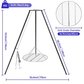 KIKIBRO Campfire Tripod Grill, Cooking Grate with Adjustable Height for Cooking Over Fire & Collapsible Legs for Easy Storage