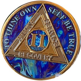 2 Year AA Medallion Sapphire Blue Swirl Tri-Plate Sobriety Chip