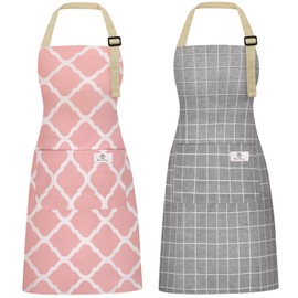 Riqiaqia 2 Pieces Aprons for Women with Pockets, Cotton Linen Waterproof Kitchen Cooking Aprons, Chef Apronfor Men Women with Adjustable Neck Strap and Long Ties(Pink/Grey)