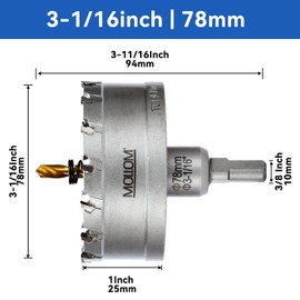 Mollom (3-1/16''|78mm) Heavy Duty Carbide Hole Saw with 2 Pilot Drill Bits, Hole Cutter cuts Stainless Steel, mild Steel, Iron, Copper, Brass, Plastic