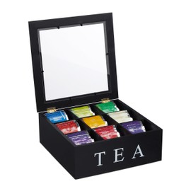 Relaxdays Tea Box, 9 Compartments, Tea Bag Storage, MDF, Acrylic, Tea Box with Viewing Window, H x W x D: 9 x 25 x 25 cm, Black/White