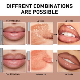 Wugbc Lip Stain Peel Off & Lip Gloss Set, Nude Brown Lip Liner Stain Tattoo with Nude Glitter Lip Oil Long Lasting Waterproof Lip Combo Non-Stick Cup High Shine Hydrating Lip Tint Kit for Women Makeup