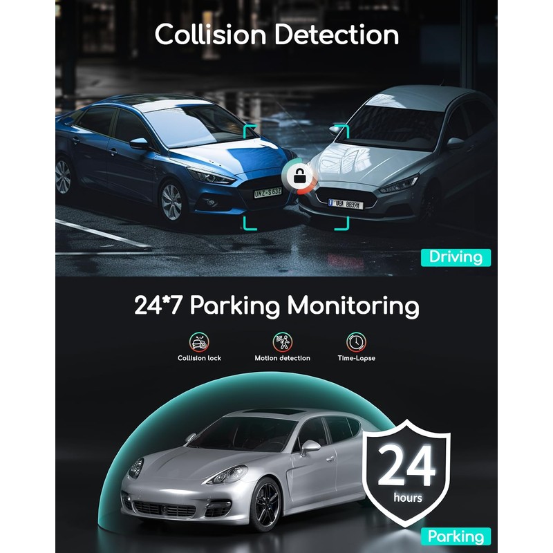 COOAU 2.5K Dual Dash Cam, Built-in GPS & Wi-Fi, 1440P