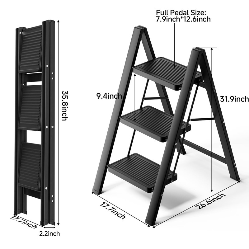 SOLADDER Step Ladder 3 Step Folding, Small Step Stool for
