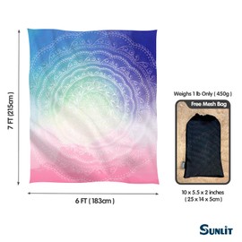 Sunlit Silky Soft Beach Blanket, Sandproof Mat with Corner Pockets, Mesh Pocket, Beach Party, Travel, Camping and Outdoor Music Festival, Blue and Pink Circle Mandala, 215 x 183 cm