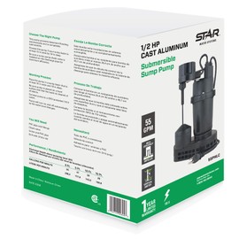 Star 5SPHLC 1/2 HP Aluminum Submersible Sump Pump (1-1/2 Inch Discharge) Low Profile Sump with Vertical Float Switch, 55 GPM, 4 Amps
