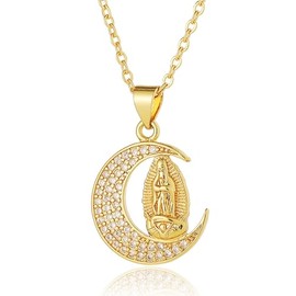 FUNWOOD Virgin Mary Religious Necklace, 18K Gold Plated CZ Pendant, Catholic Jewelry for Women, Standard, Gold Plated Cubic Zirconia, Cubic Zirconia