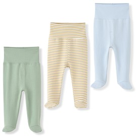 ACESTAR Newborn Baby Boys Girls 3-Pack Cotton High Waist Footed Pants 0-3 Months, Blue & Khaki Stripe & Green