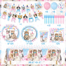 146Pcs Cat Birthday Party Supplies-Serves 24, Cat Party Decorations Kitten Disposable Tableware with Cat Party Plates Cups Napkins Tablecloth Balloons for Kitten Birthday Party Decorations Supplies