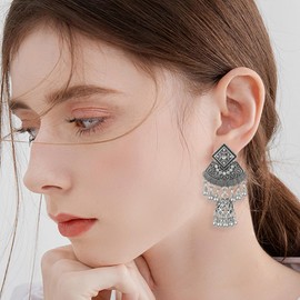 Nepal Jhumka Jhumki Earring Dangle for Women Bollywood Vintage Bohemian Ball Tassel Bell Drop Earrings Fashion Crystal Ethnic Gypsy Traditional Dangling Oxidized Boho Jewelry Gift Christmas Bff (Silver)