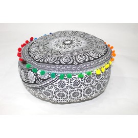 INDIAN CRAFT CASTLE ICC Black Elephant Mandala Barmeri Large Floor Pillow Cover Cushion Meditation Seating Ottoman Throw Cover Hippie Decorative Zipped Bohemian Pouf Ottoman Cases 16" Round