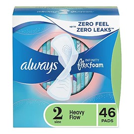 Always Infinity Feminine Pads for Women, Size 2 Regular, with wings, unscented, 46ct